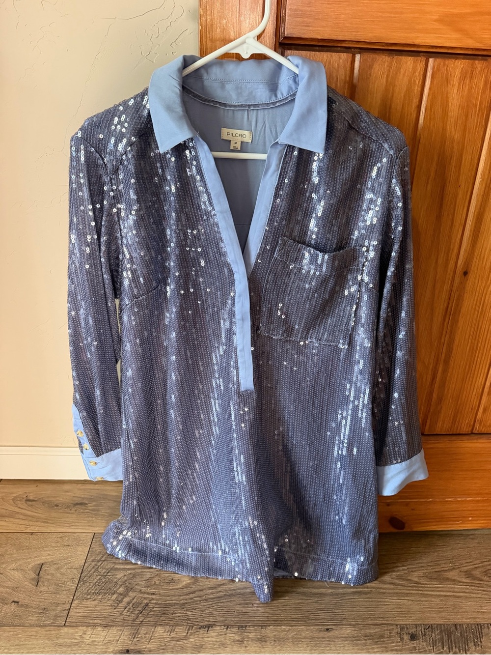 Anthropologie Pilcro Sequin Henley Tunic Blouse Dress Blue Chambray Small Petite